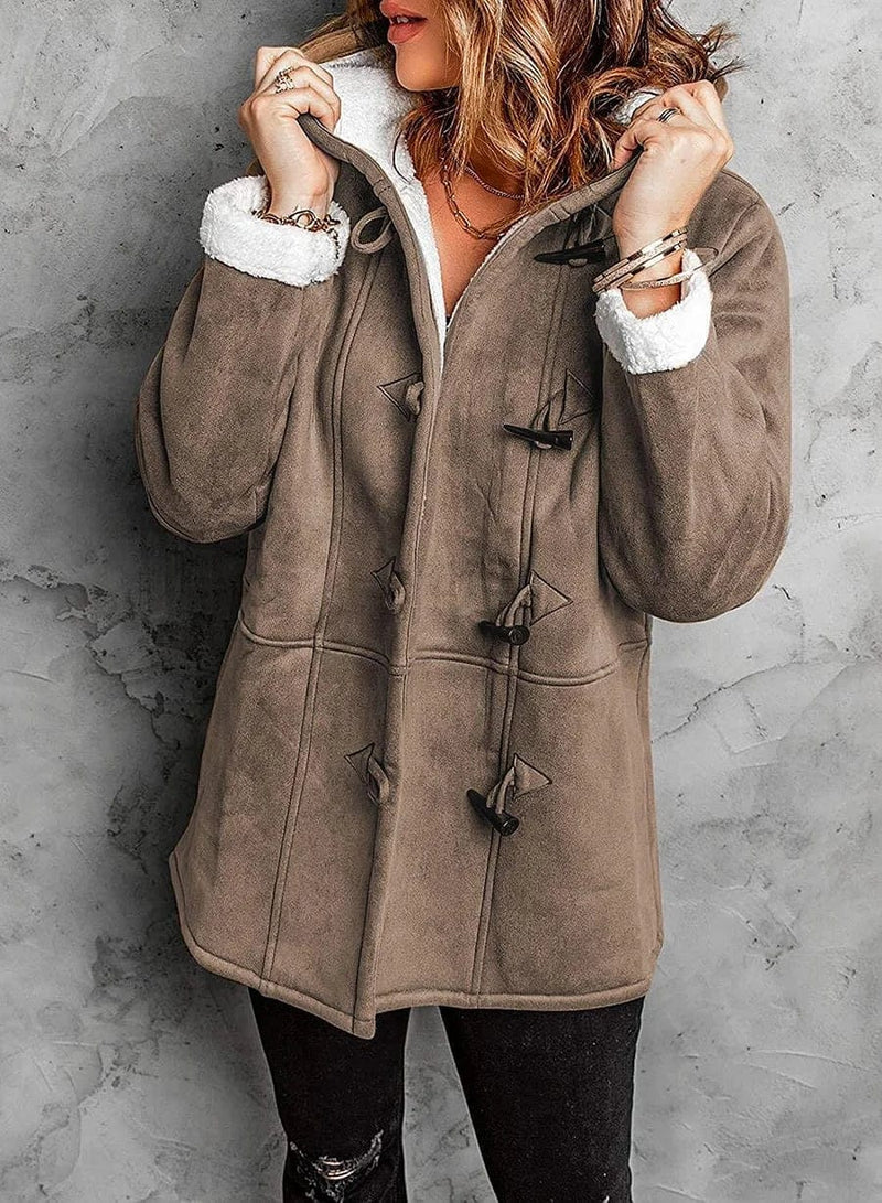 Women's Roomy Toggle-Fastening Duffle Coat with Lined Hood - Khaki