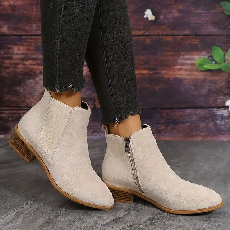 Women's Minimal Suede-Look Ankle Boots on a Low Block Heel - Beige
