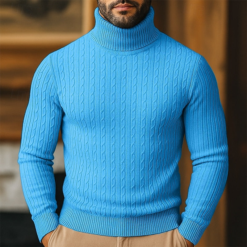 Men's Close-Cut Twisted Cable Roll Neck Jumper - Light Blue