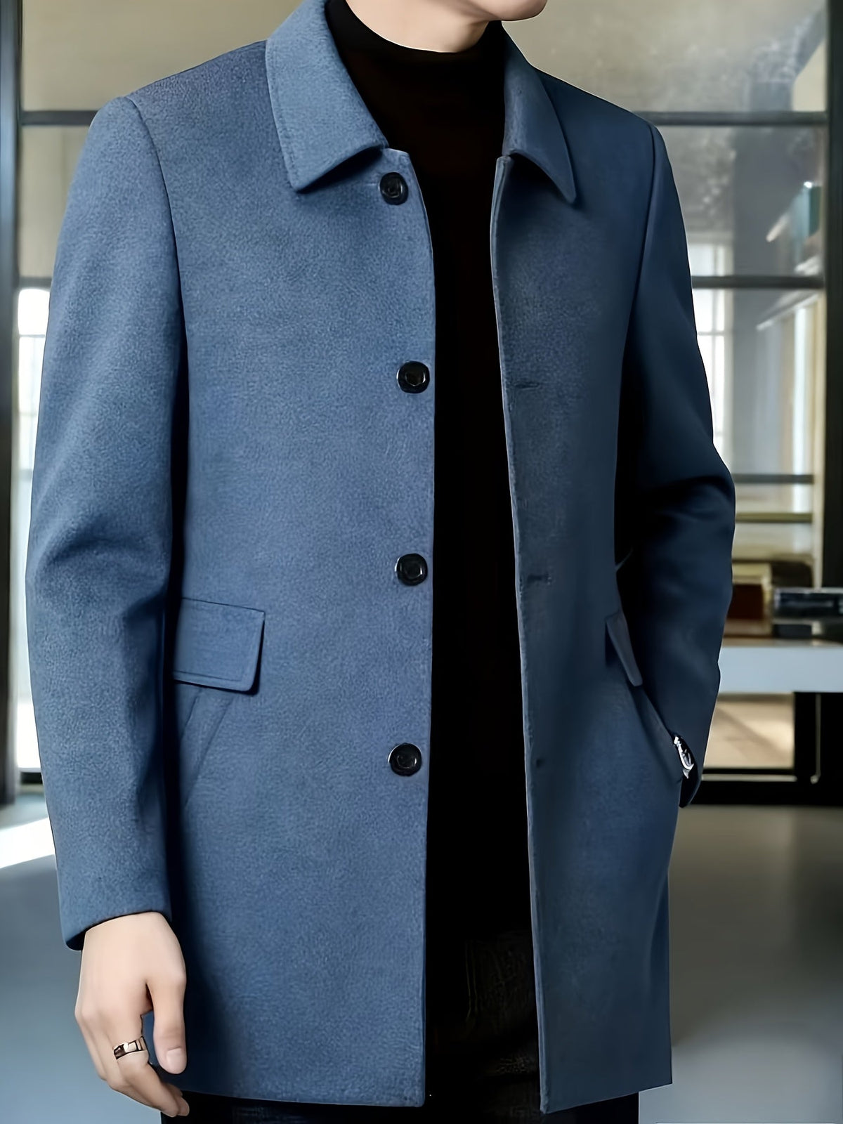 Men's Mid-Thigh Single-Breasted Coat in Crease-Resistant Fabric - Blue