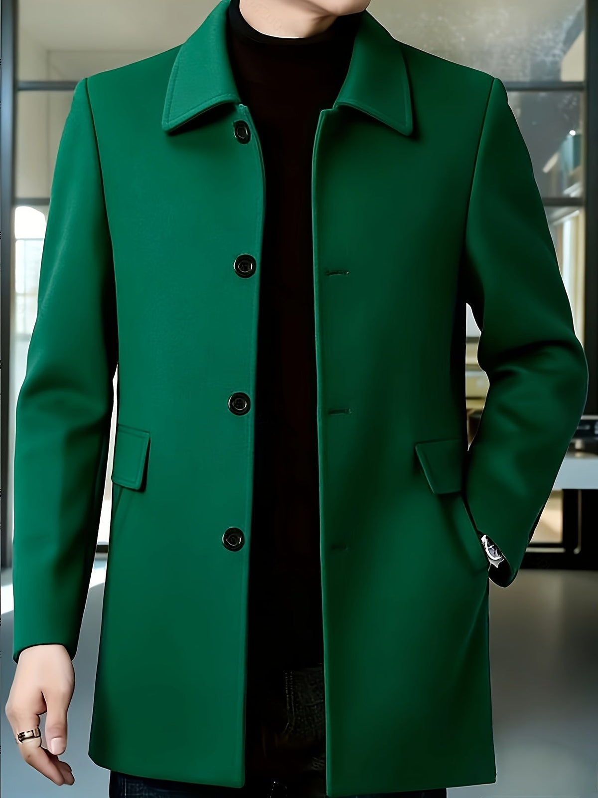 Men's Mid-Thigh Single-Breasted Coat in Crease-Resistant Fabric - Green