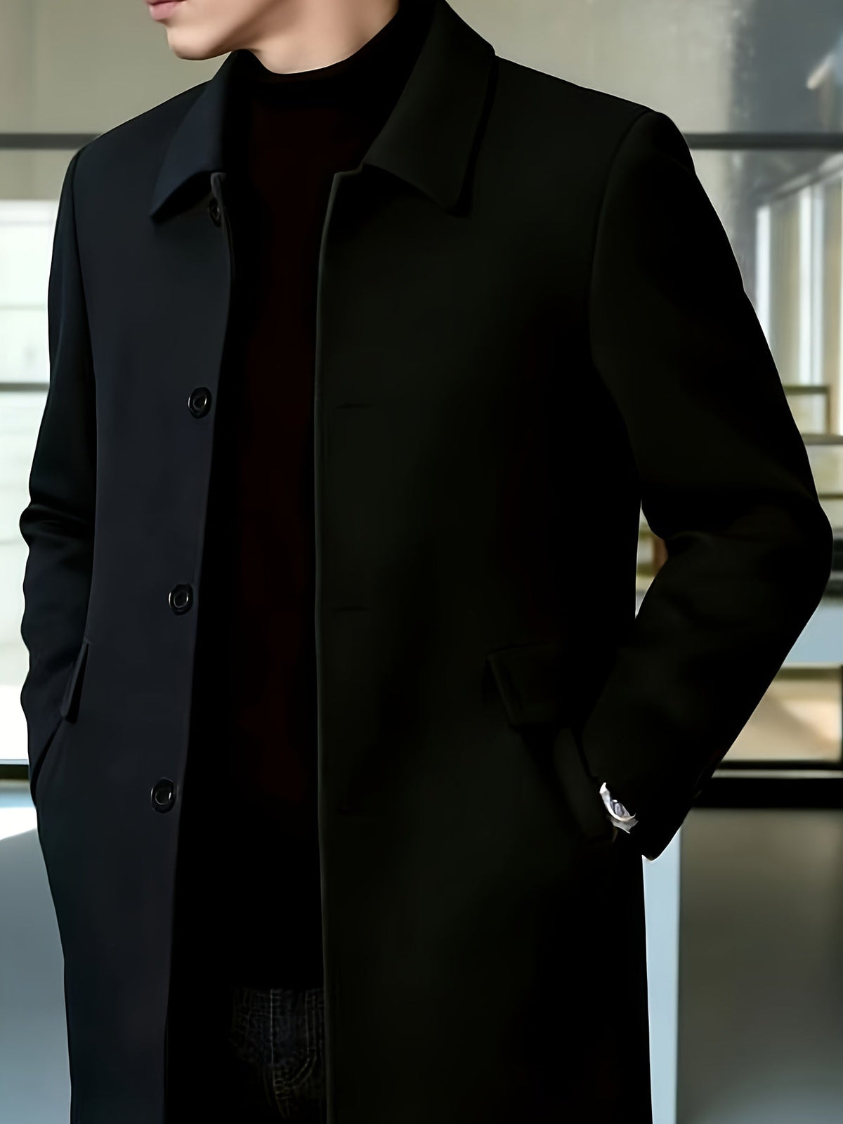 Men's Mid-Thigh Single-Breasted Coat in Crease-Resistant Fabric