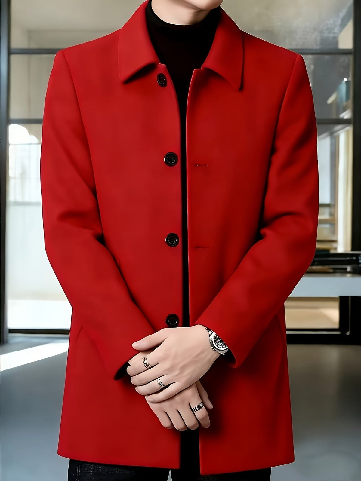 Men's Mid-Thigh Single-Breasted Coat in Crease-Resistant Fabric