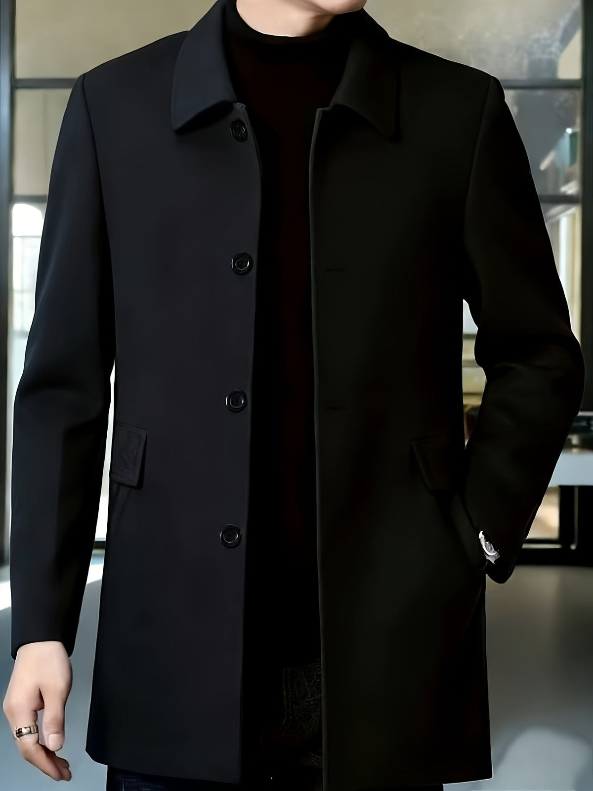 Men's Mid-Thigh Single-Breasted Coat in Crease-Resistant Fabric - Black
