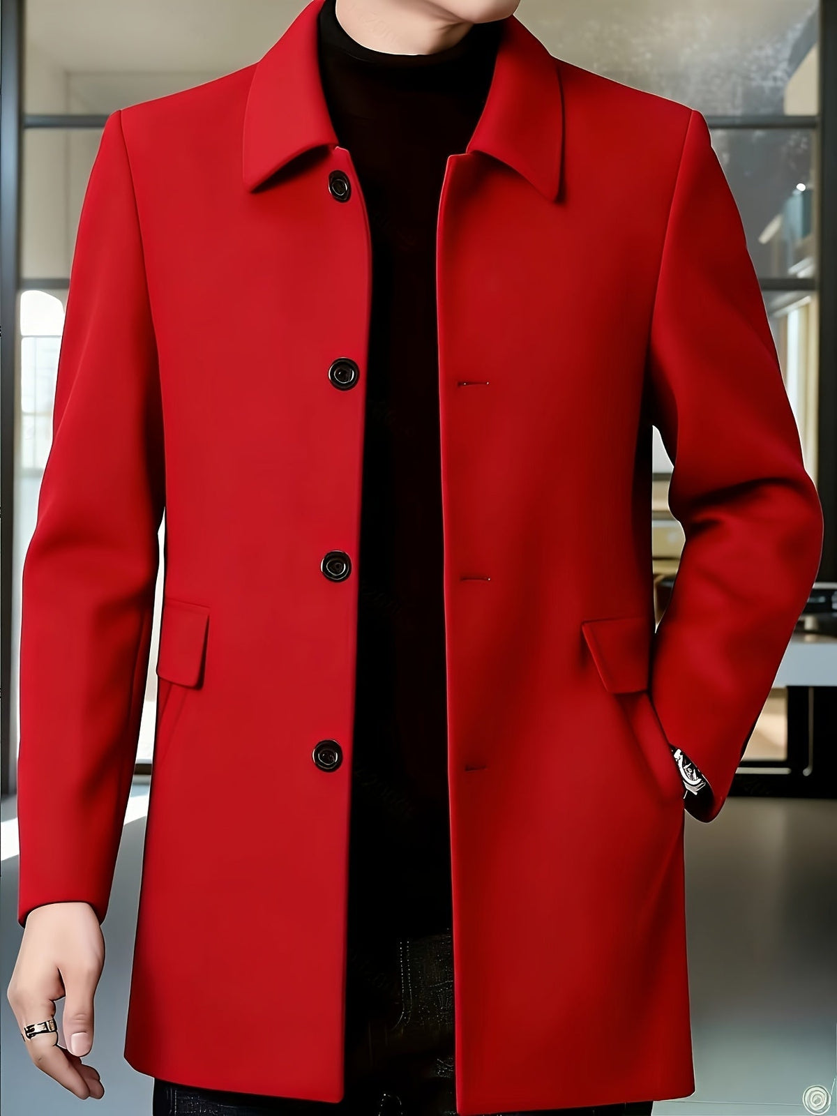 Men's Mid-Thigh Single-Breasted Coat in Crease-Resistant Fabric - Red