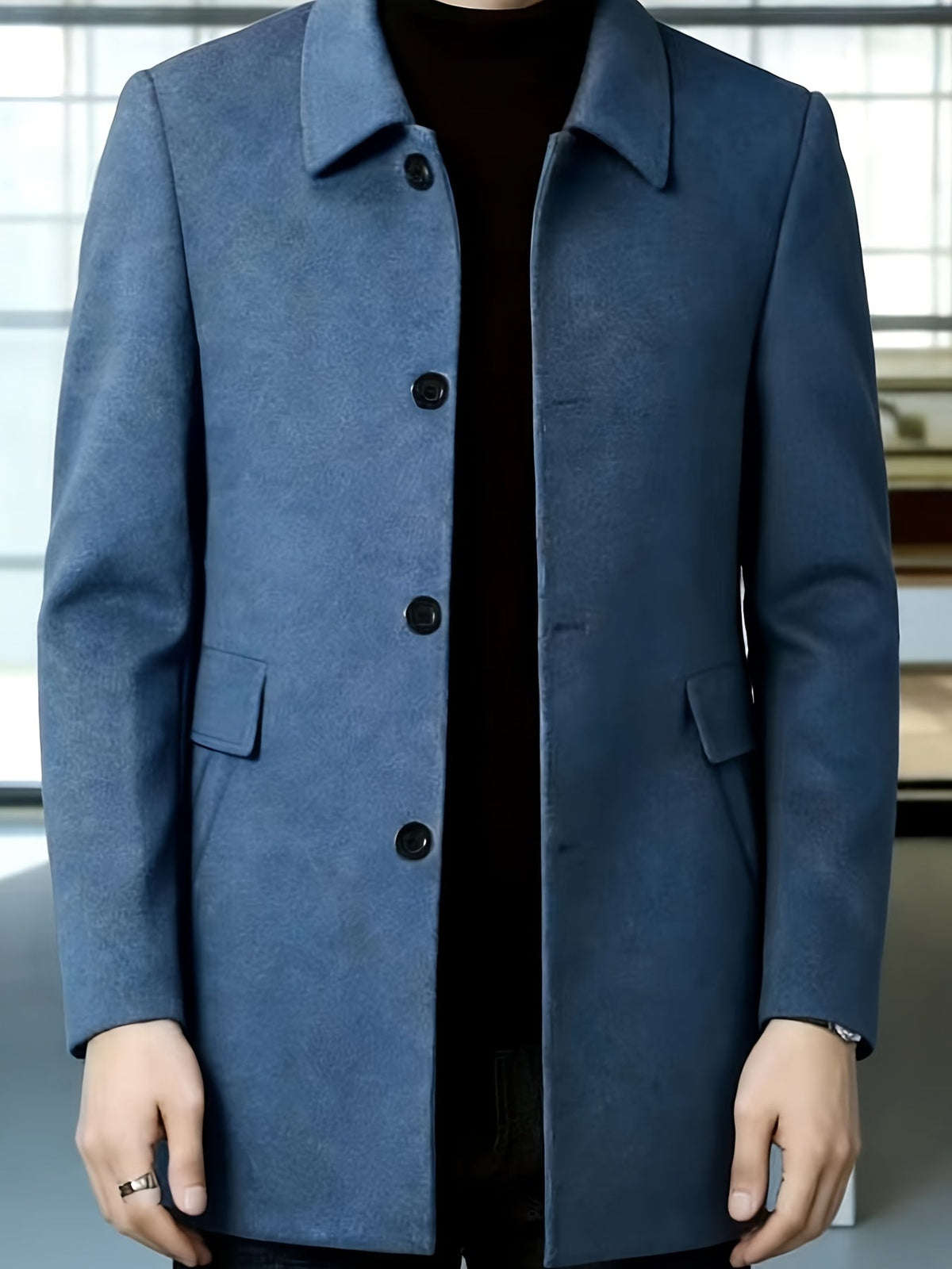 Men's Mid-Thigh Single-Breasted Coat in Crease-Resistant Fabric
