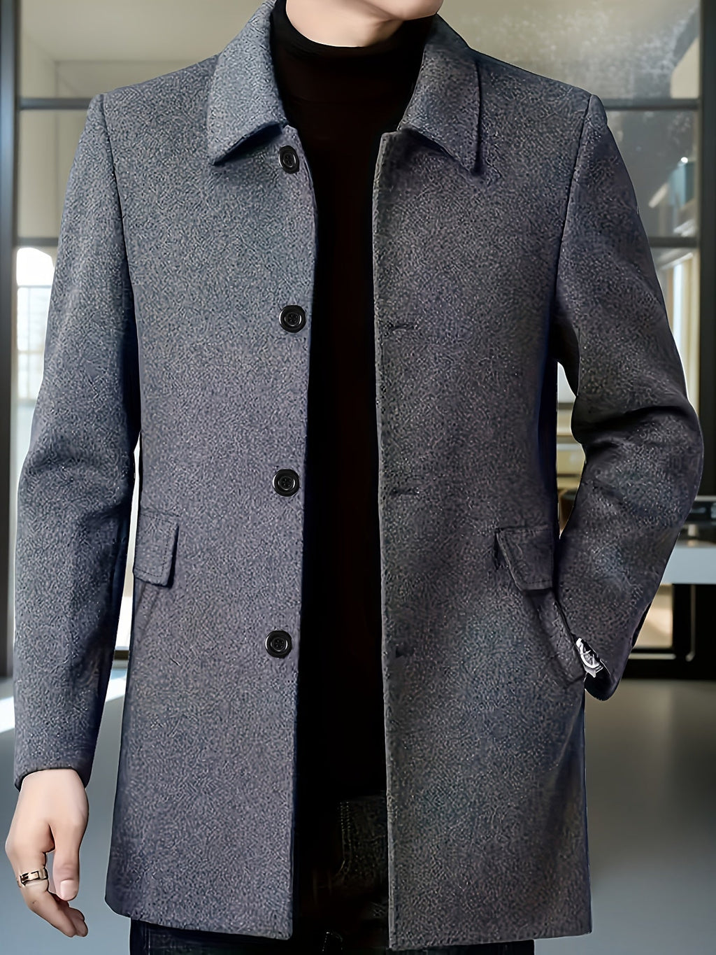 Men's Mid-Thigh Single-Breasted Coat in Crease-Resistant Fabric - Grey