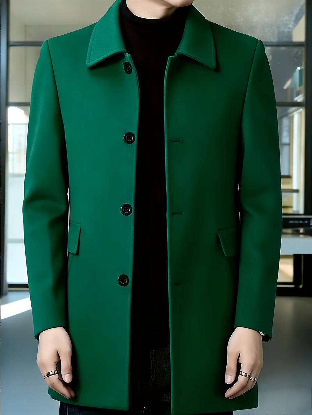 Men's Mid-Thigh Single-Breasted Coat in Crease-Resistant Fabric
