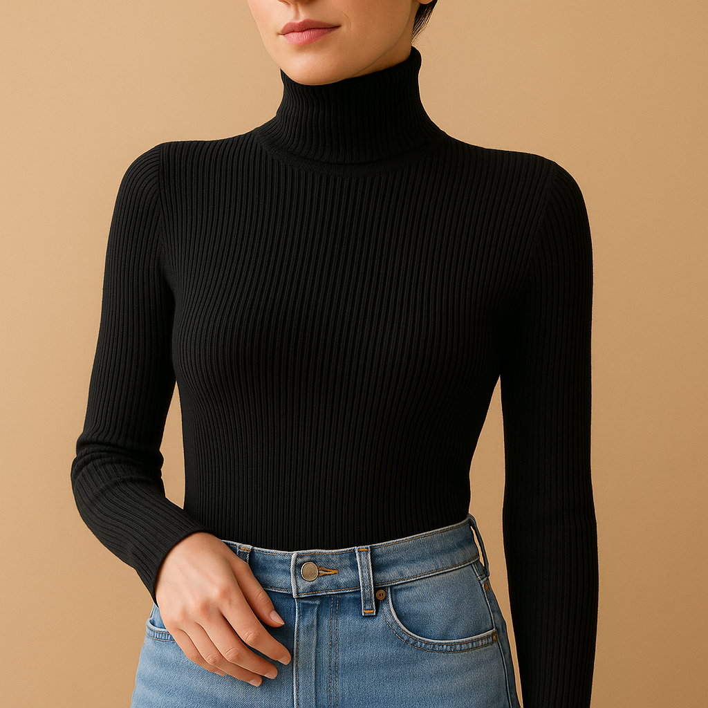 Women's Fine Rib Folded Turtleneck Crop Jumper - Black