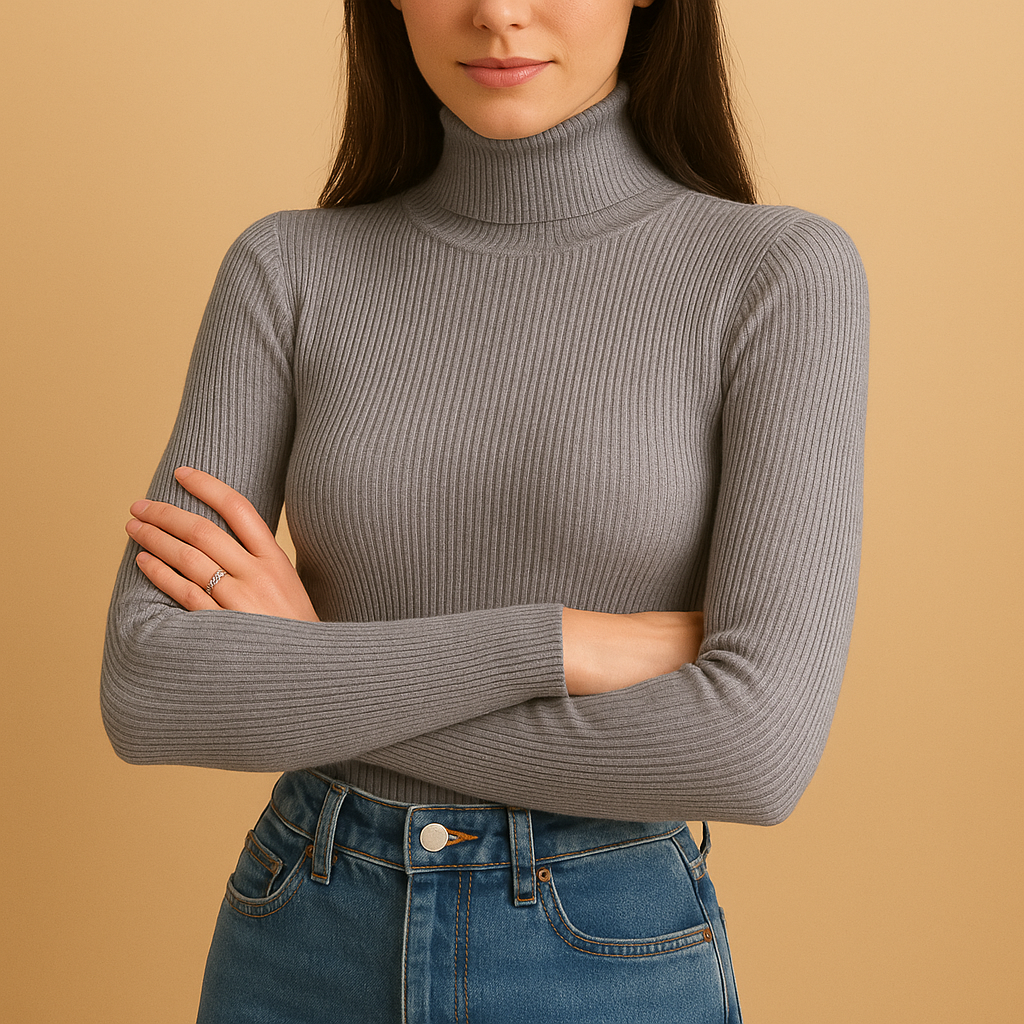 Women's Fine Rib Folded Turtleneck Crop Jumper - Grey