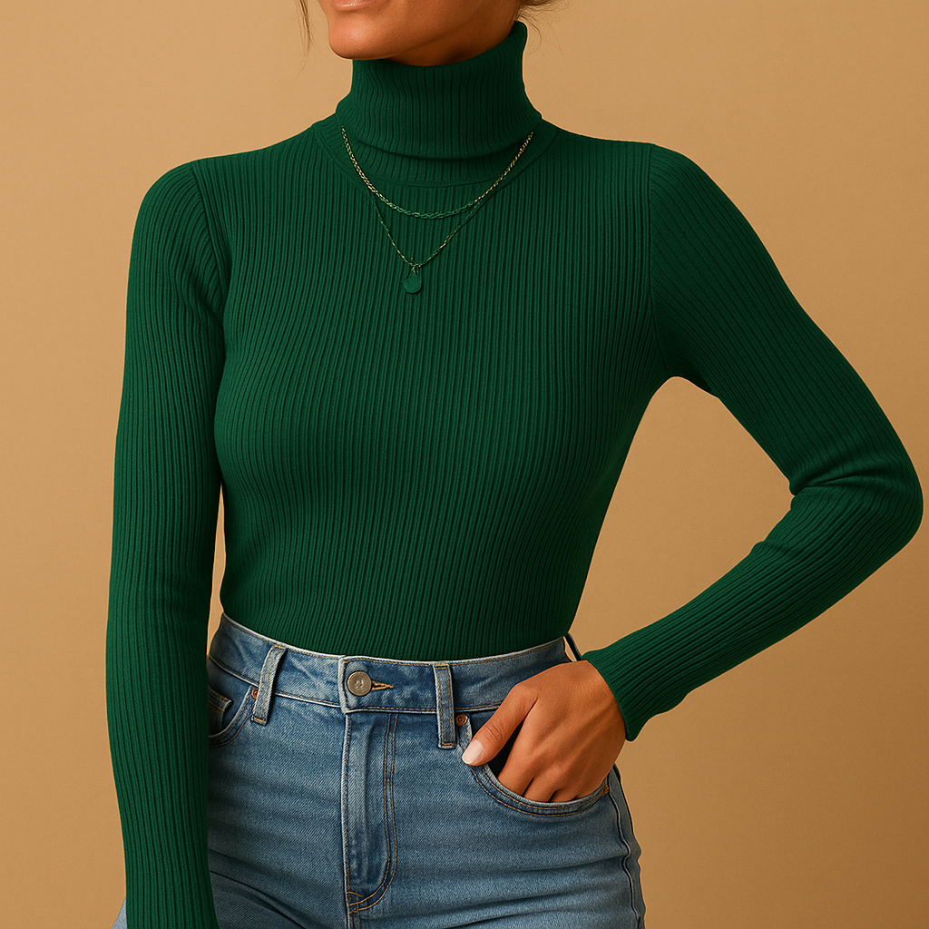 Women's Fine Rib Folded Turtleneck Crop Jumper - Dark Green