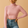 Women's Fine Rib Folded Turtleneck Crop Jumper - Pink
