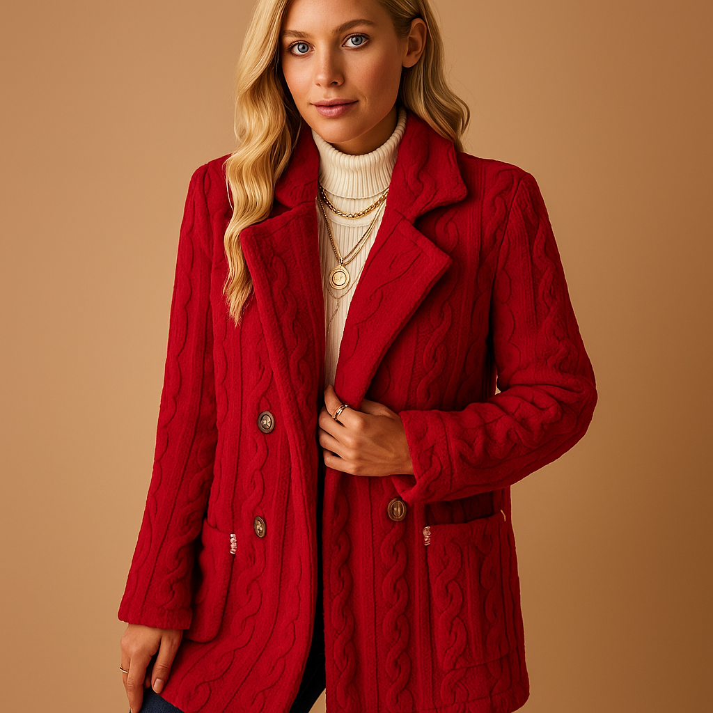 Women's Plush Double-Breasted Blazer with Defined Waist - Wine Red