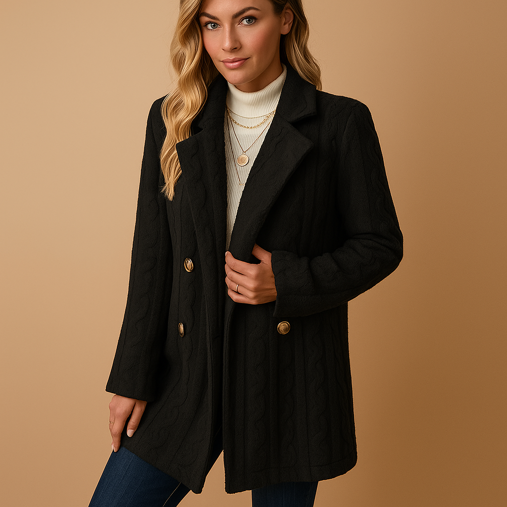 Women's Plush Double-Breasted Blazer with Defined Waist - Black