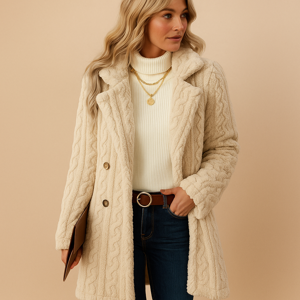 Women's Plush Double-Breasted Blazer with Defined Waist - Beige