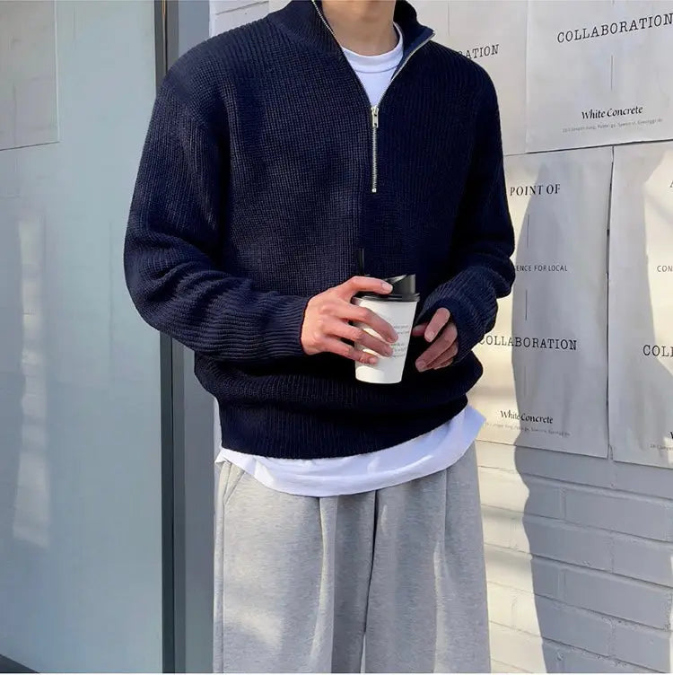 Men's Relaxed Chunky Half-Zip Jumper for Winter Commutes - Dark Blue