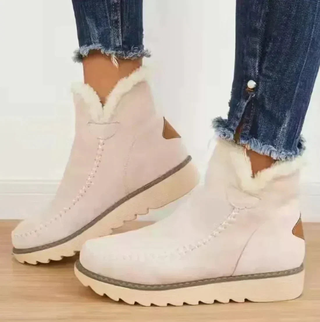 Women's Stitched Suede-Look Ankle Boots with Plush Cuff and Grip Sole - Beige