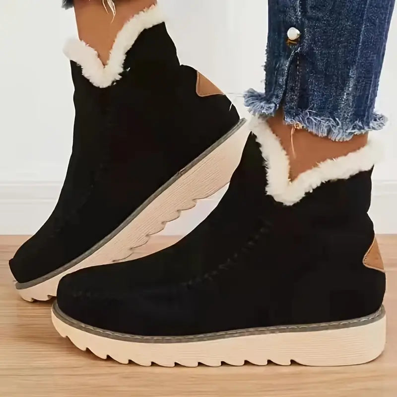 Women's Stitched Suede-Look Ankle Boots with Plush Cuff and Grip Sole - Black