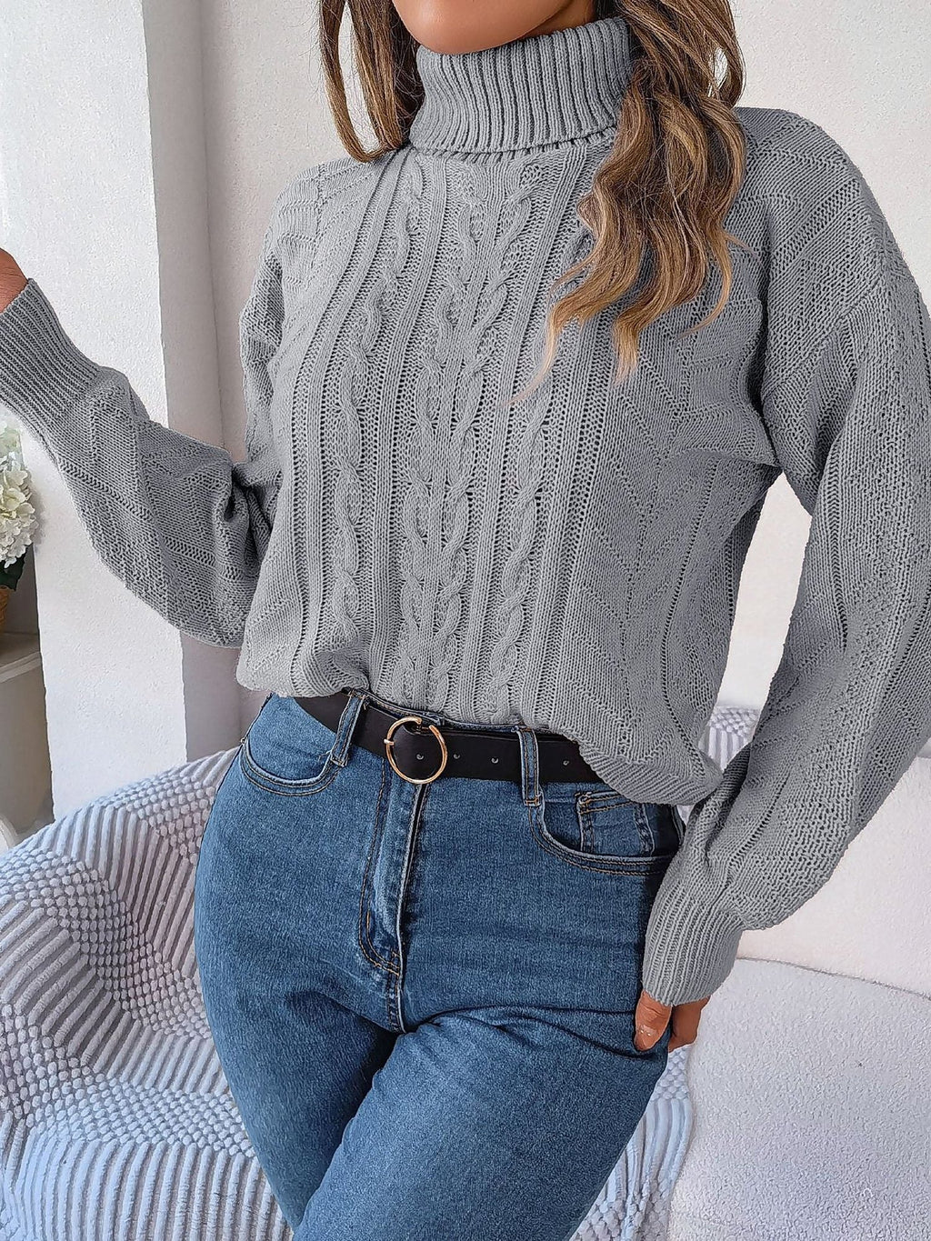 Women's Long-Sleeve Turtleneck Jumper with Raised Cable Pattern
