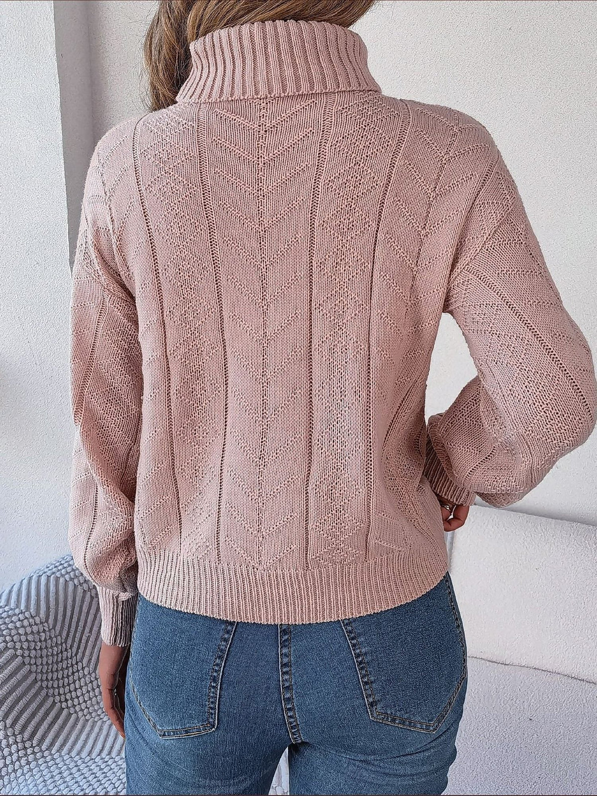 Women's Long-Sleeve Turtleneck Jumper with Raised Cable Pattern