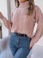 Women's Long-Sleeve Turtleneck Jumper with Raised Cable Pattern