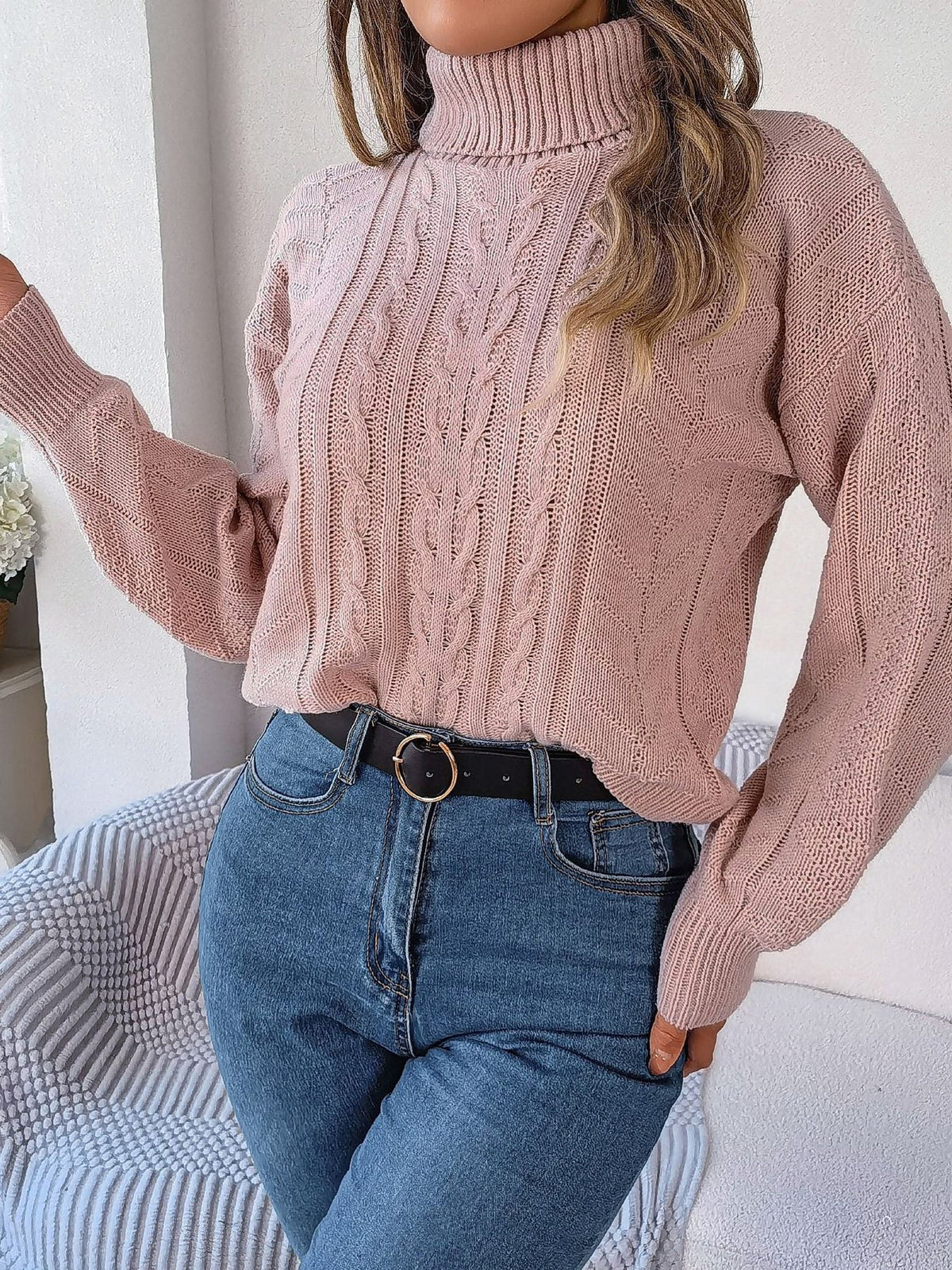 Women's Long-Sleeve Turtleneck Jumper with Raised Cable Pattern