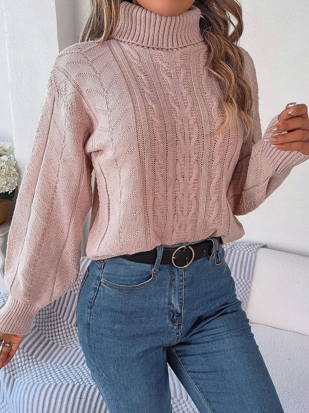 Women's Long-Sleeve Turtleneck Jumper with Raised Cable Pattern