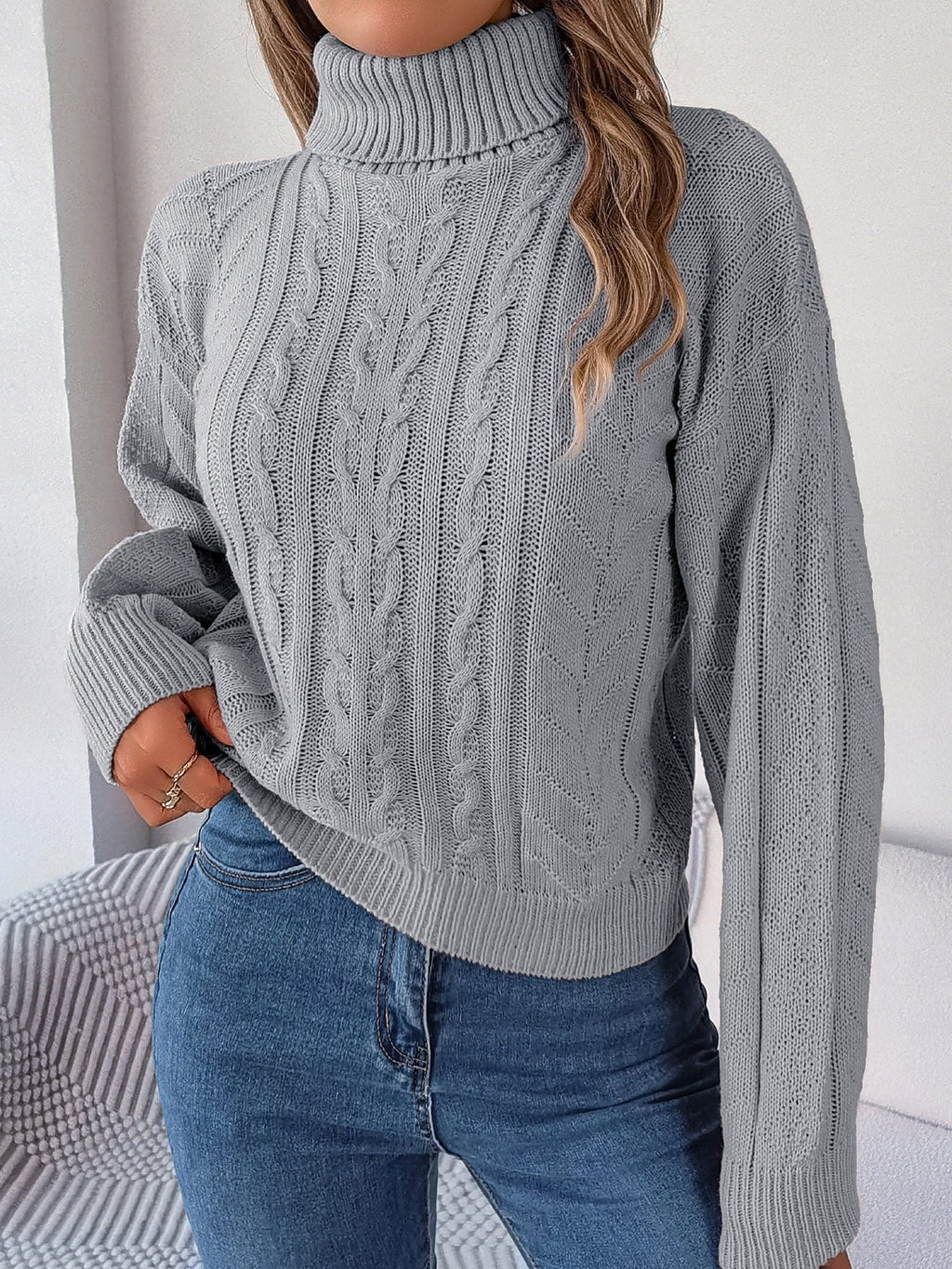 Women's Long-Sleeve Turtleneck Jumper with Raised Cable Pattern