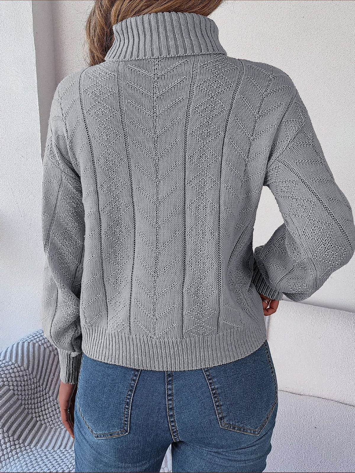 Women's Long-Sleeve Turtleneck Jumper with Raised Cable Pattern