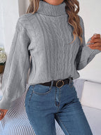 Women's Long-Sleeve Turtleneck Jumper with Raised Cable Pattern
