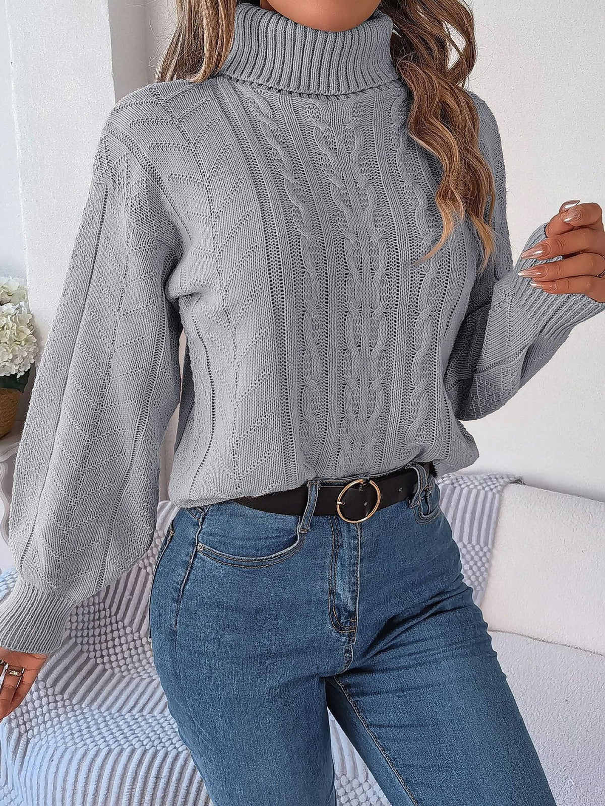Women's Long-Sleeve Turtleneck Jumper with Raised Cable Pattern