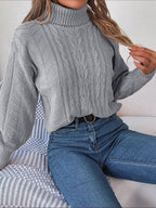 Women's Long-Sleeve Turtleneck Jumper with Raised Cable Pattern