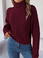 Women's Long-Sleeve Turtleneck Jumper with Raised Cable Pattern