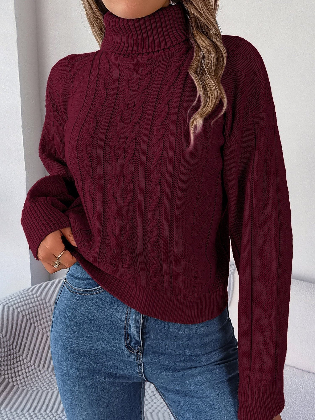 Women's Long-Sleeve Turtleneck Jumper with Raised Cable Pattern