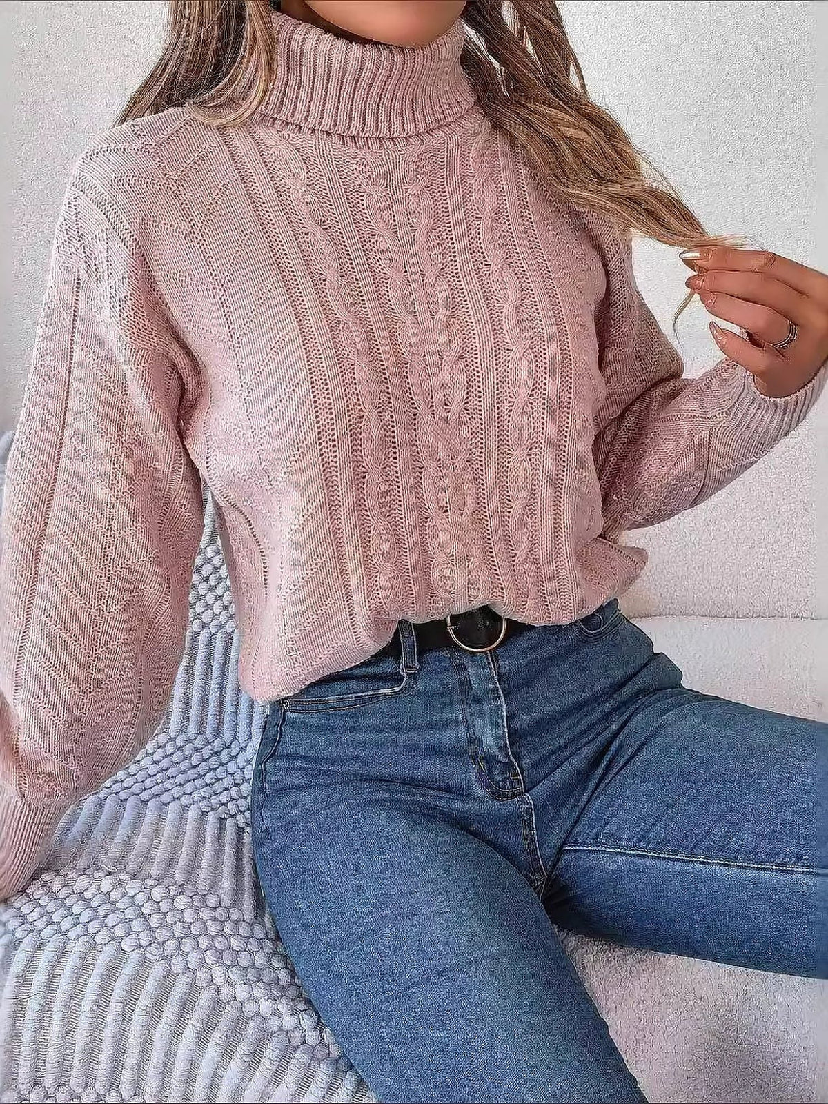 Women's Long-Sleeve Turtleneck Jumper with Raised Cable Pattern - Pink
