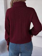Women's Long-Sleeve Turtleneck Jumper with Raised Cable Pattern