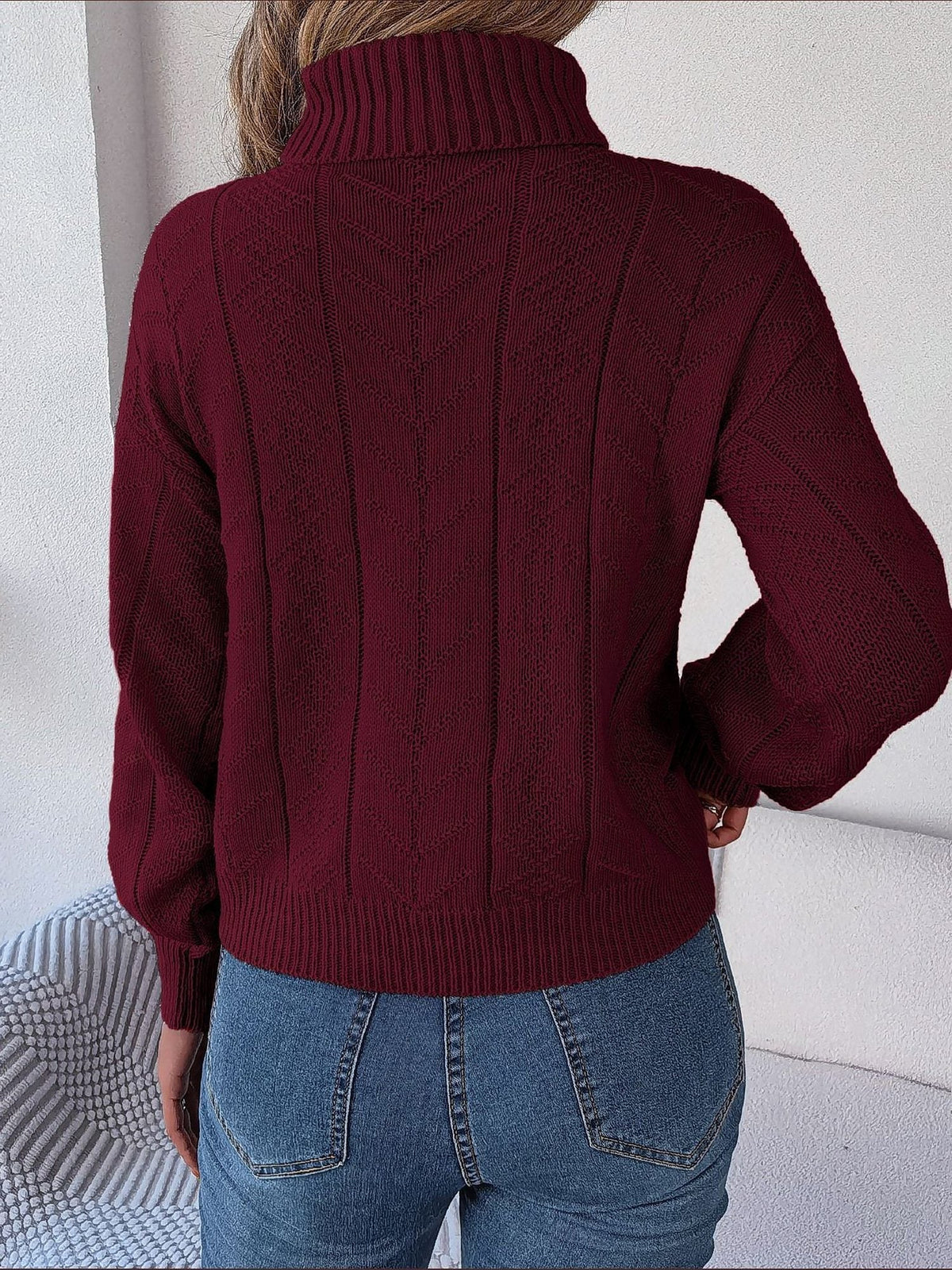 Women's Long-Sleeve Turtleneck Jumper with Raised Cable Pattern