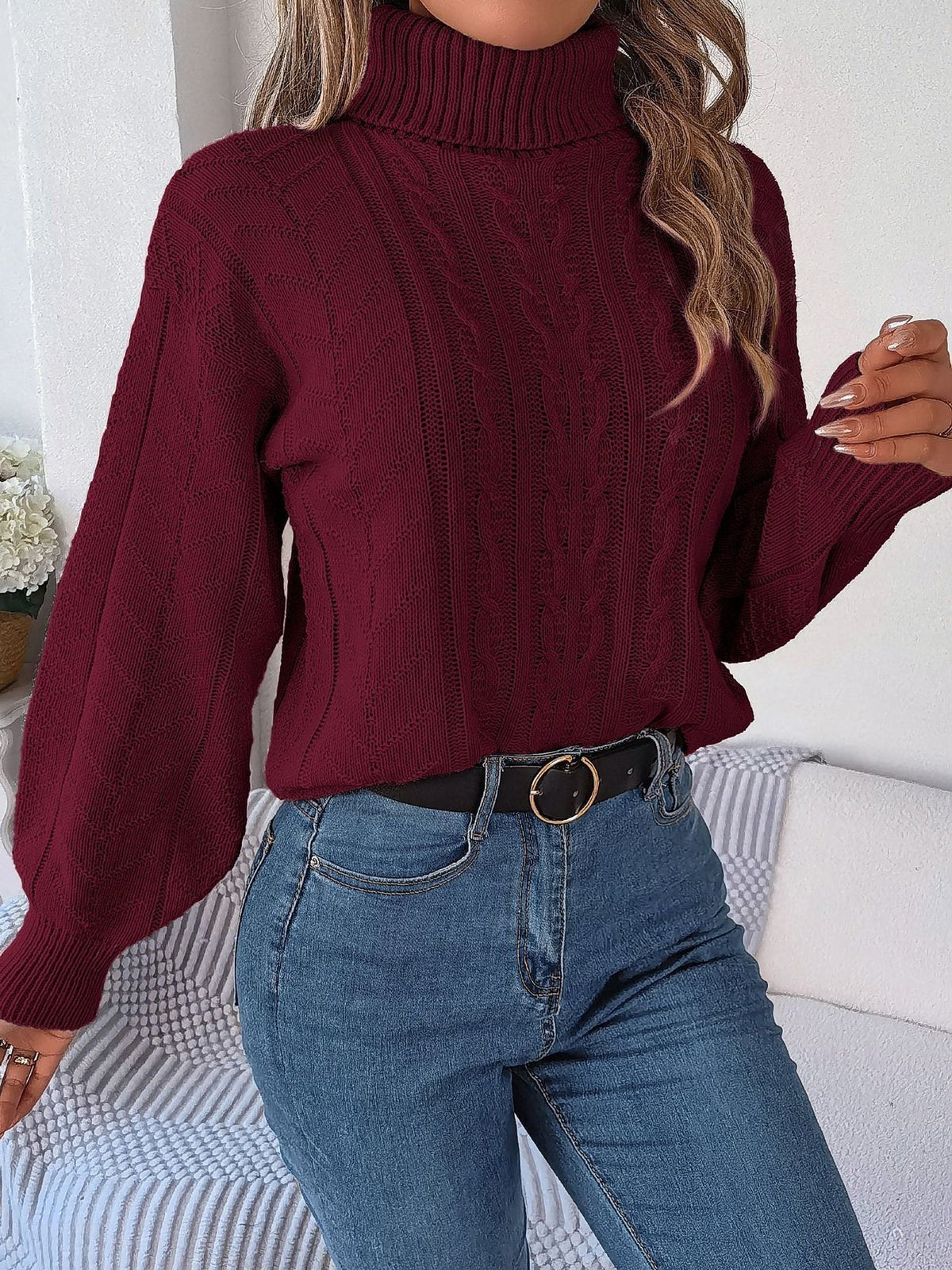 Women's Long-Sleeve Turtleneck Jumper with Raised Cable Pattern
