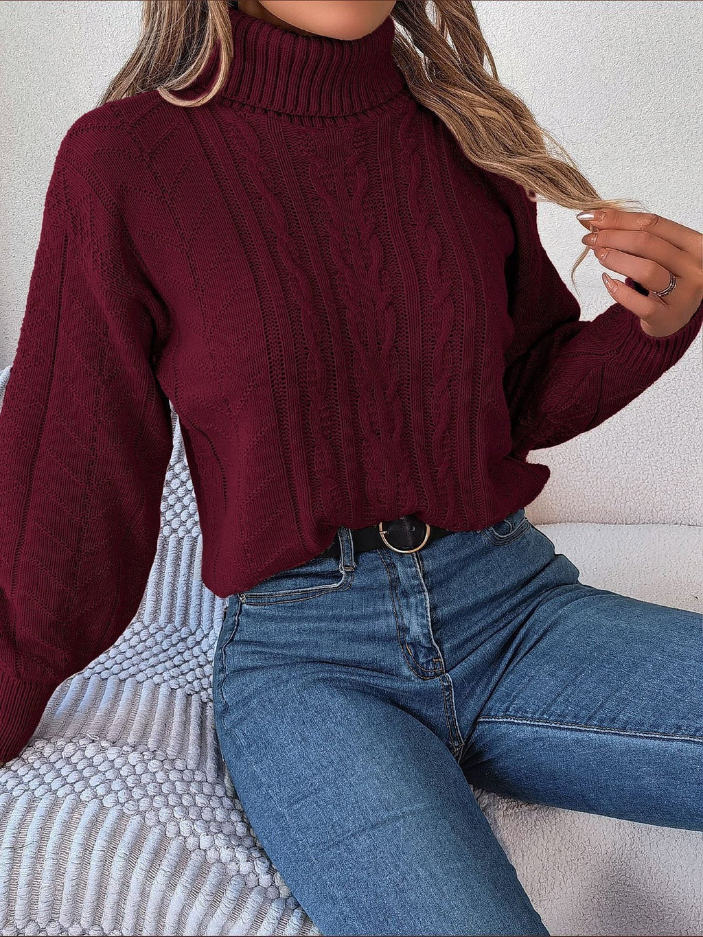 Women's Long-Sleeve Turtleneck Jumper with Raised Cable Pattern