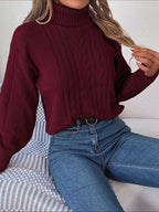 Women's Long-Sleeve Turtleneck Jumper with Raised Cable Pattern