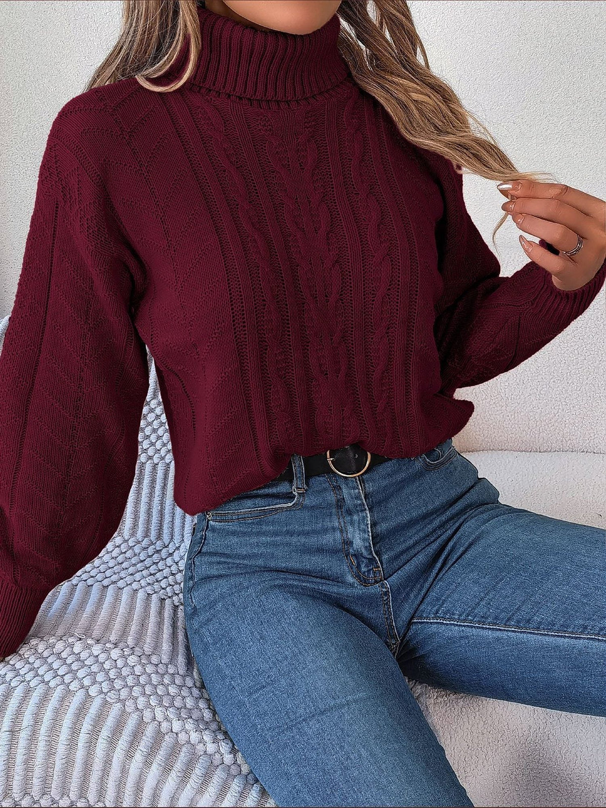 Women's Long-Sleeve Turtleneck Jumper with Raised Cable Pattern