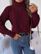 Women's Long-Sleeve Turtleneck Jumper with Raised Cable Pattern