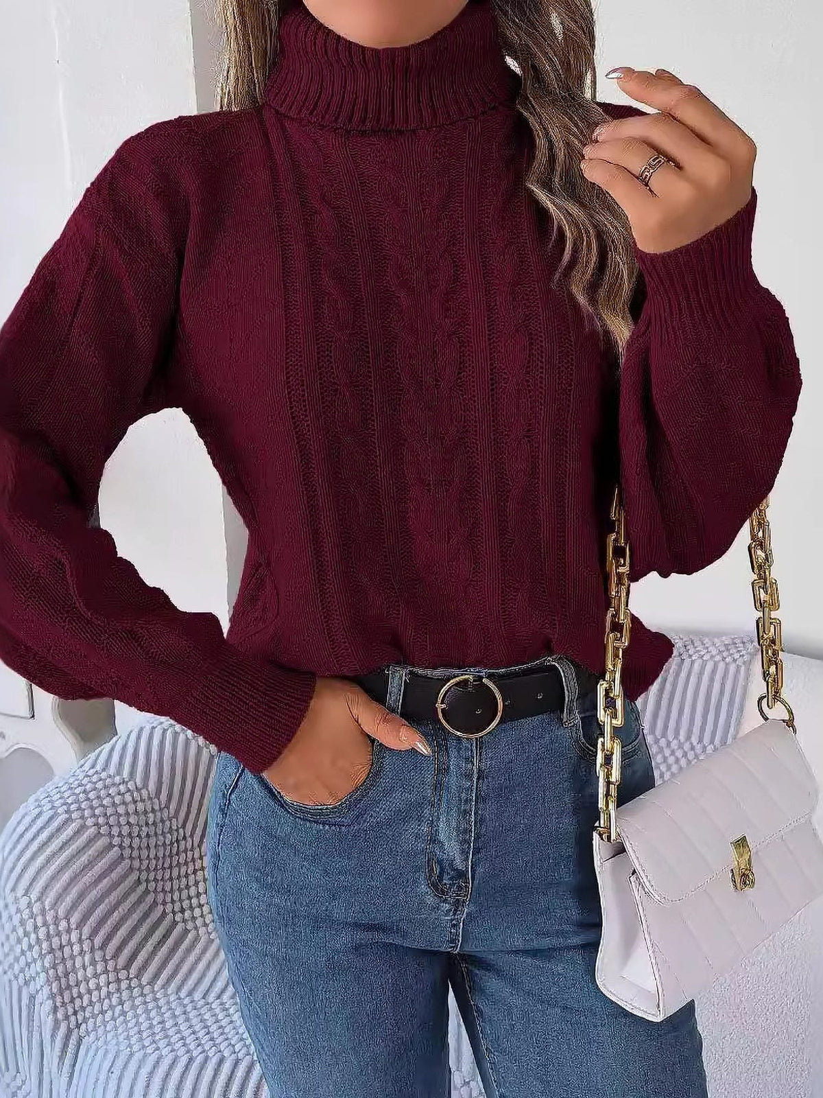 Women's Long-Sleeve Turtleneck Jumper with Raised Cable Pattern