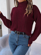 Women's Long-Sleeve Turtleneck Jumper with Raised Cable Pattern