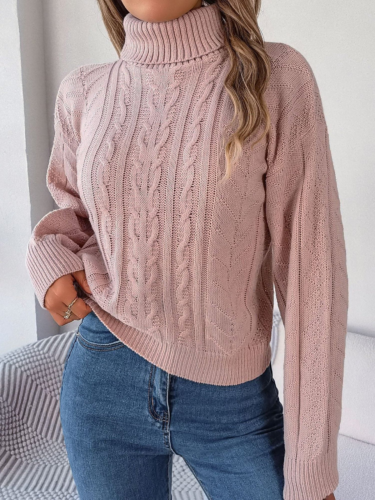 Women's Long-Sleeve Turtleneck Jumper with Raised Cable Pattern