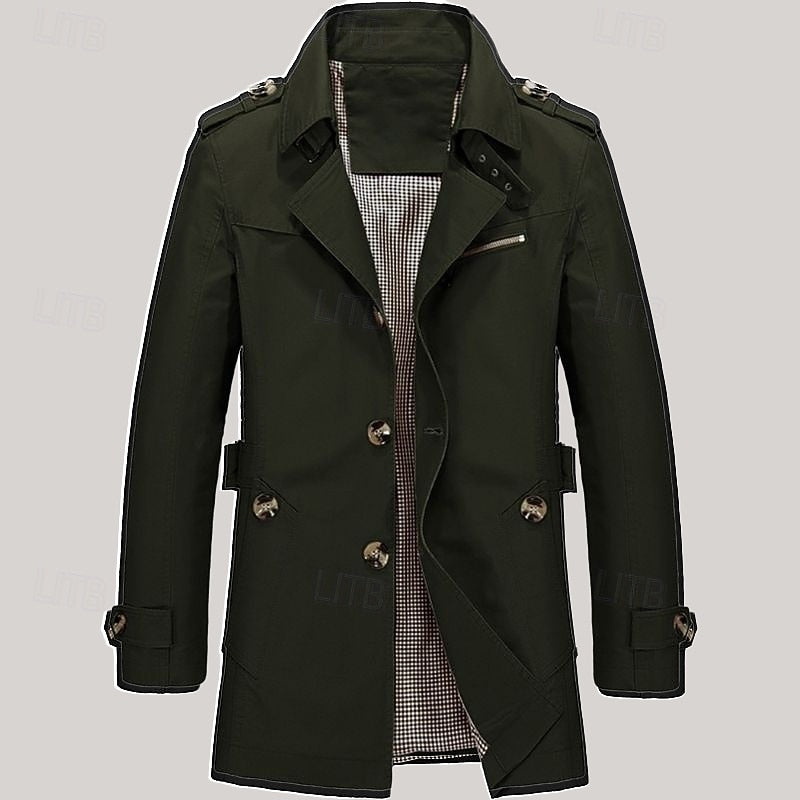 Men's Single-Row Button Trench Coat with Generous Front Pockets