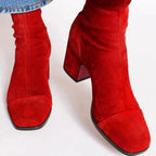 Women's Animal Print Toe Chunky Heel Boots in Soft Suede - Red