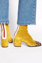 Women's Animal Print Toe Chunky Heel Boots in Soft Suede