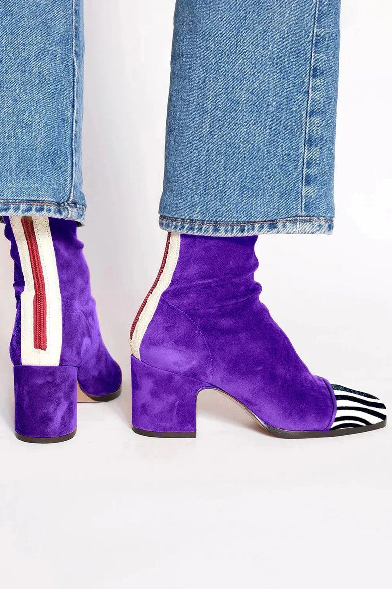 Women's Animal Print Toe Chunky Heel Boots in Soft Suede - Purple