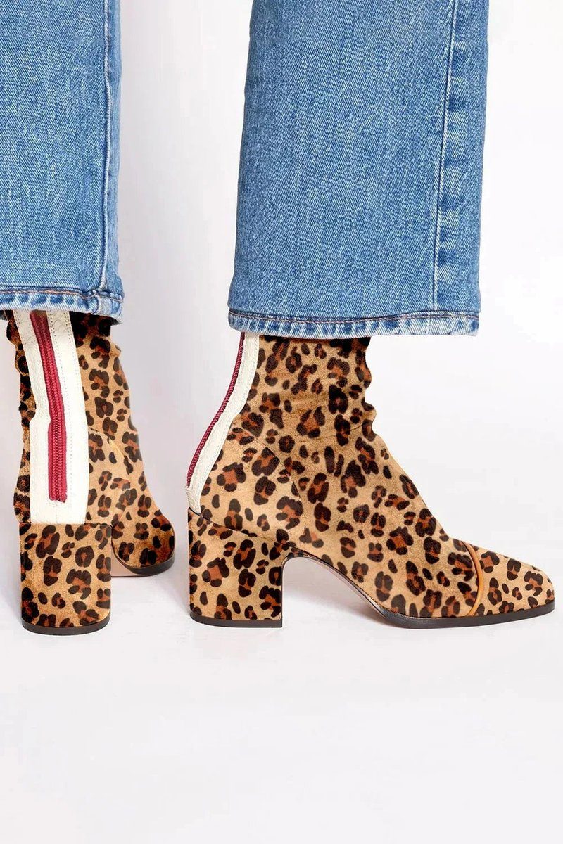 Women's Animal Print Toe Chunky Heel Boots in Soft Suede - Leopard Print